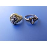 A Victorian 9ct ring set small sapphire & pearls and one other. (2)