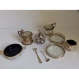 Three various silver mustard pots and four other pieces. (7)