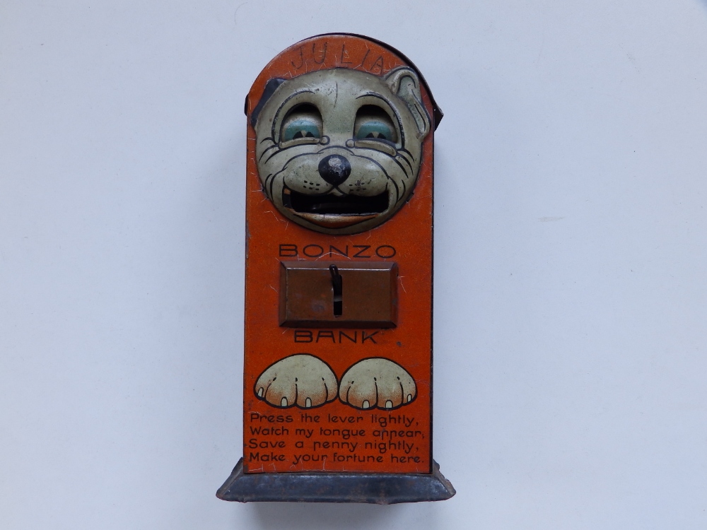 A 1920's/30's Bonzo tinplate Money Bank by Saalheimer & Strauss, Bavaria, 7" high - a/f and with the