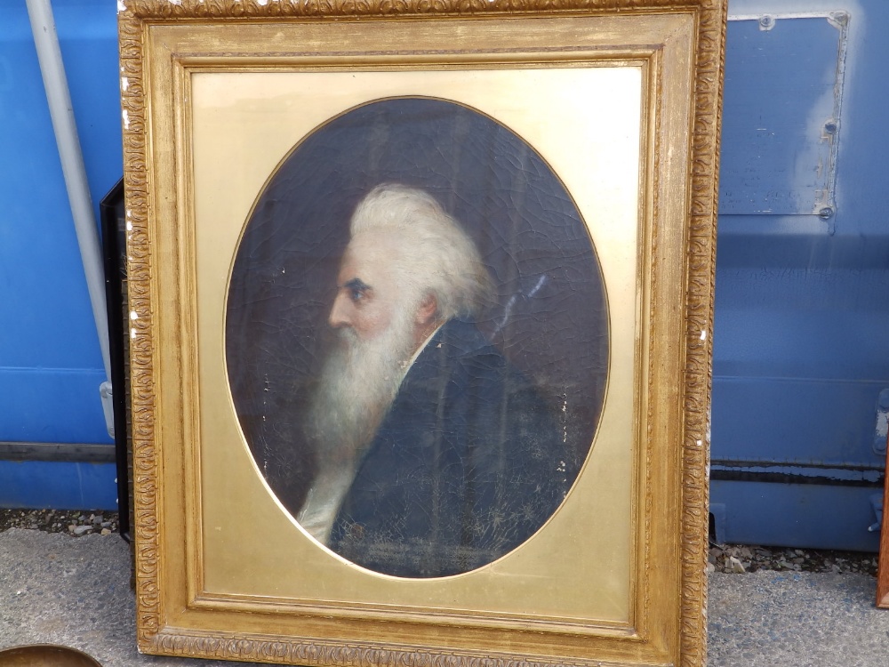Victorian School - oval oil on canvas - Portrait of a white-haired bearded gentleman, 27" high - a/