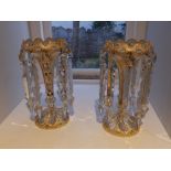 A pair of 19thC gilded opaque glass lustres, 11" high - one rim incomplete.