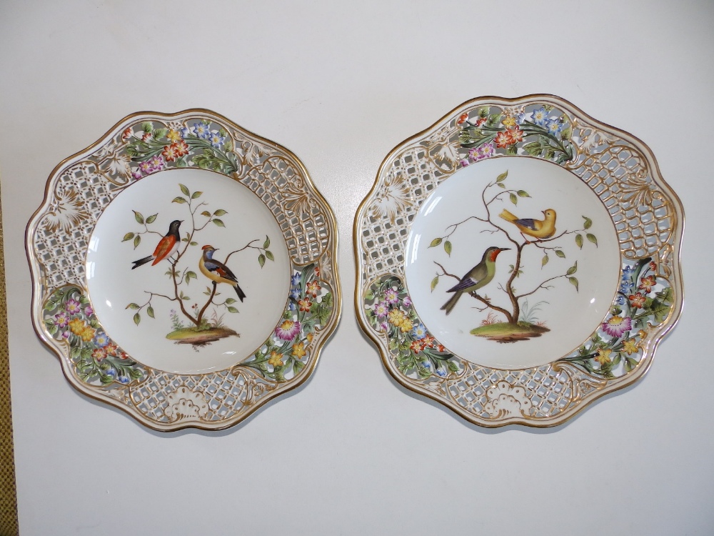 A pair of German porcelain painted ribbon plates by Helena Wolfsen decorated birds - 'AR'.