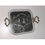 A small 20thC Venetian glass tray, 13" across metal handles.