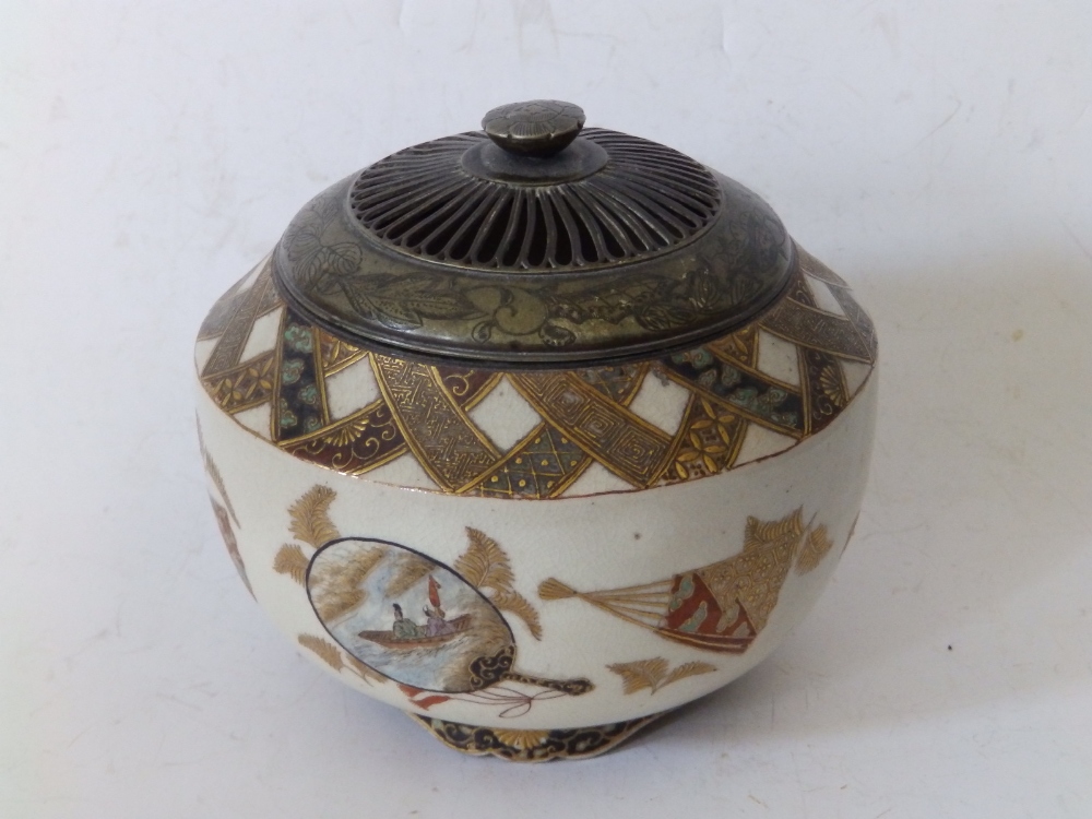 A small Japanese Meiji period Satsuma censer with metal cover.