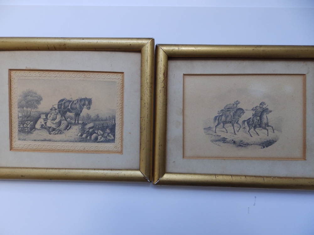 L. A. Coward - two small pencil drawings - horses with riders, signed & dated 1842, 4.5" across