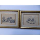 L. A. Coward - two small pencil drawings - horses with riders, signed & dated 1842, 4.5" across
