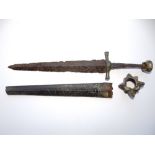 A mediaeval dagger with bronze mounts, 13" overall with incomplete leather scabbard and a bronze