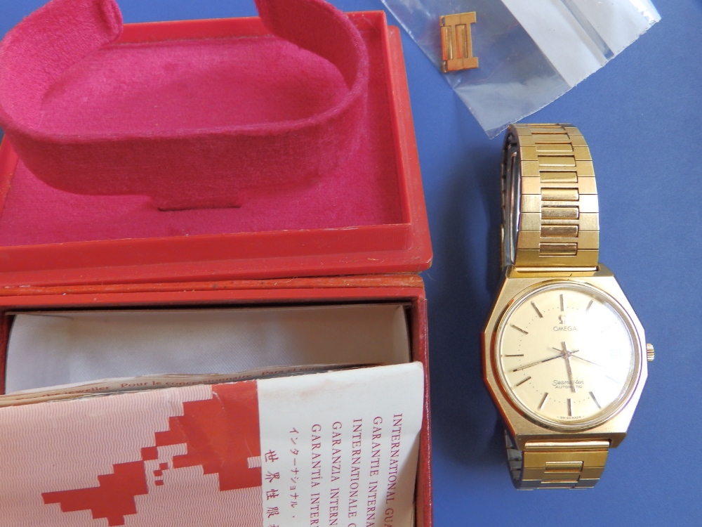 A boxed gent's gold plated Omega Seamaster Automatic bracelet wrist watch with a spare link and - Image 2 of 3