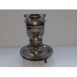 A 19thC Eastern metal incense burner(?) , the circular tray base on triple feet, 7" high.