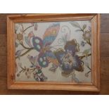 A 20thC crewelwork embroidery panel - Butterfly with flowers, 24" x 19".