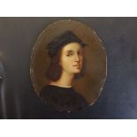 After Corregio - an unframed oval 19thC oil portrait of Raphael, 5.1" high.