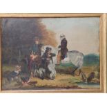 Victorian School - oil on panel - A landowner on horseback addressing a family of gypsies with their