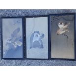 Three signed Japanese woodblock prints; two depicting birds, the third showing a monkey examining an