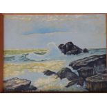 1960's British School - oil on board - A rock coastline with breaking waves, indistinctly signed,