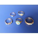 Four Victorian turquoise set rings and a pearl set ring enamelled in turquoise colour. (5)