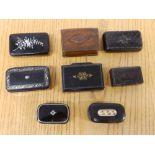 Seven 19thC papier mache snuff boxes and a wooden box. (8)