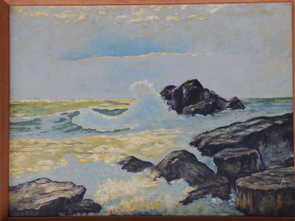 1960's British School - oil on board - A rocky coastline with breaking waves, signed indistinctly,