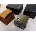 A Kodak Beau Brownie box camera in turquoise & dark blue in case, a box Ensign and one other. (3)