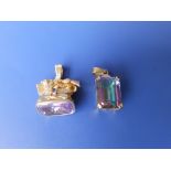 A three-colour yellow metal amethyst thistle seal, a 10ct brooch and a synthetic stone pendant. (3)