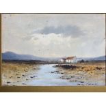 Percy French (1854-1920) - watercolour - Bogland view with cottage and turf stacks, signed 6.5" x