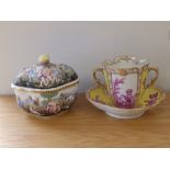 A Naples/Capodimonte covered bowl and a German yellow ground cabinet cup & saucer painted puce
