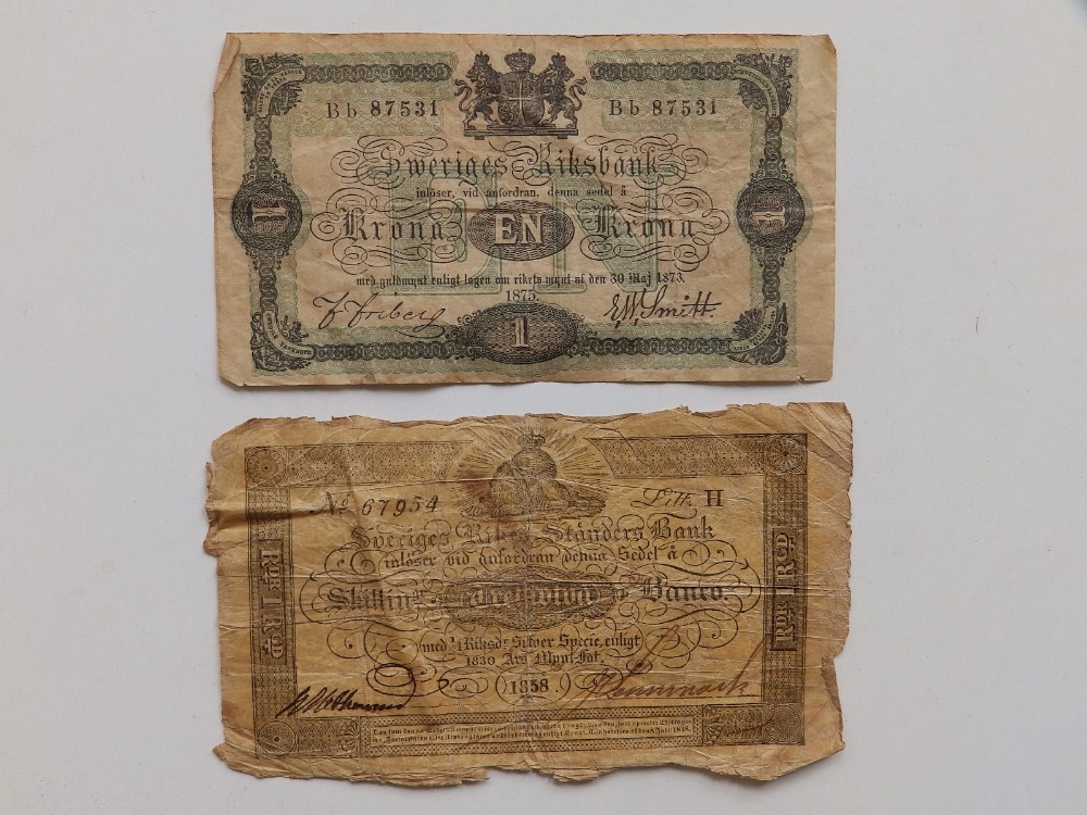 A Swedish 1 Krona note, 1875 and one other. (2)