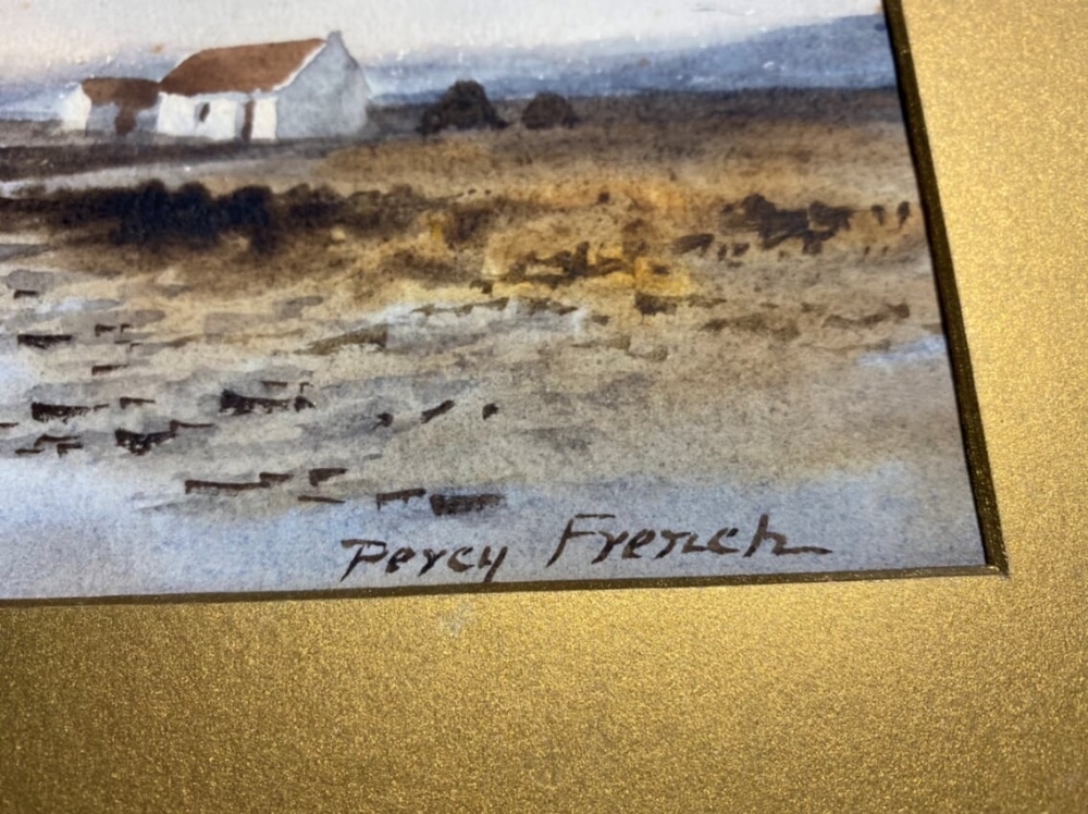 Percy French (1854-1920) - watercolour - Bogland view with cottage and turf stacks, signed 6.5" x - Image 3 of 4