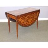An early 19thC Dutch marquetry drop leaf table, having two D-end flaps supported on square