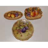 A Royal Worcester tea plate painted plum & raspberry - PE/BHI, 8", a 7" rectangular dish and an oval