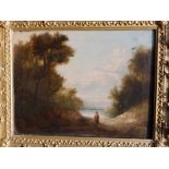 19thC School - oil on canvas - Distant view of a woman in landscape, 14" x 18".