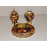 A Royal Worcester small tea plate painted fruit by Moseley, 6.25", a pot pourri vase, 5" overall and