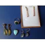 A heart shaped opal pendant, a cluster ring and three pairs of drop earrings. (8)