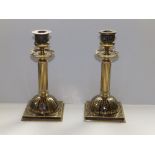 A pair of 19thC Boulle marquetry library candlesticks on domed square bases , 8.5" high - a/f.