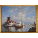 A. Howlett - oil on panel - Dutch canal scene with windmill & vessels, signed, 12" x 15".