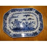 A 19thC Chinese blue & white rectangular serving dish decorated with three stones/ornaments in a
