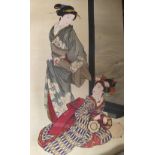 A rolled Japanese colour print/poster depicting two Geishas.