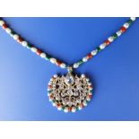 An Indian diamond, pearl & enamelled bead necklace in yellow metal, the pendant of crescent shape