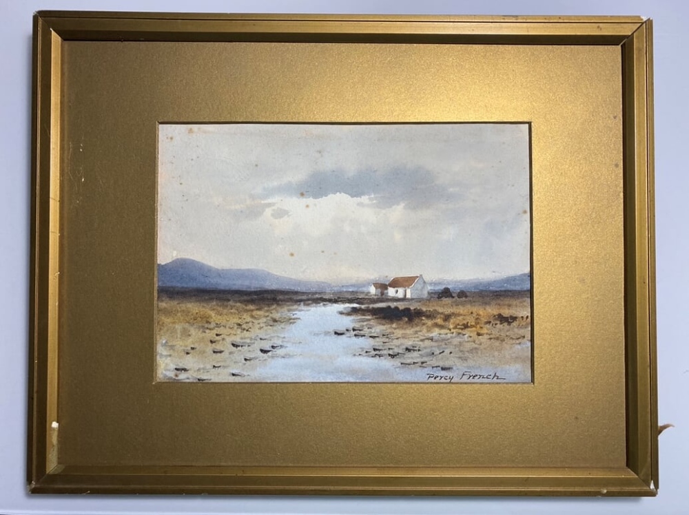 Percy French (1854-1920) - watercolour - Bogland view with cottage and turf stacks, signed 6.5" x - Image 2 of 4