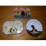A Watcombe Pottery motto ware tray, one other and a Bristol Pottery plate. (3)