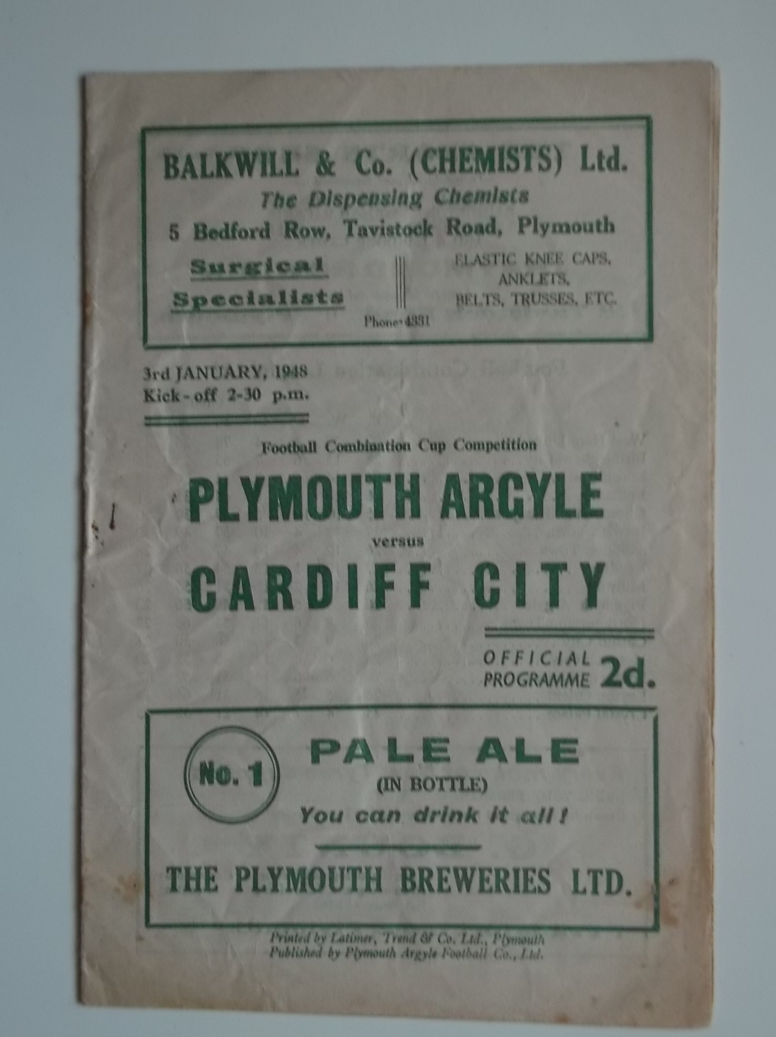 1947-48 PLYMOUTH ARGYLE RESERVES V CARDIFF CITY RESERVES