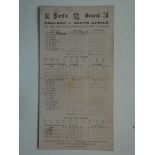 CRICKET - 1947 ENGLAND V SOUTH AFRICA SCORECARD