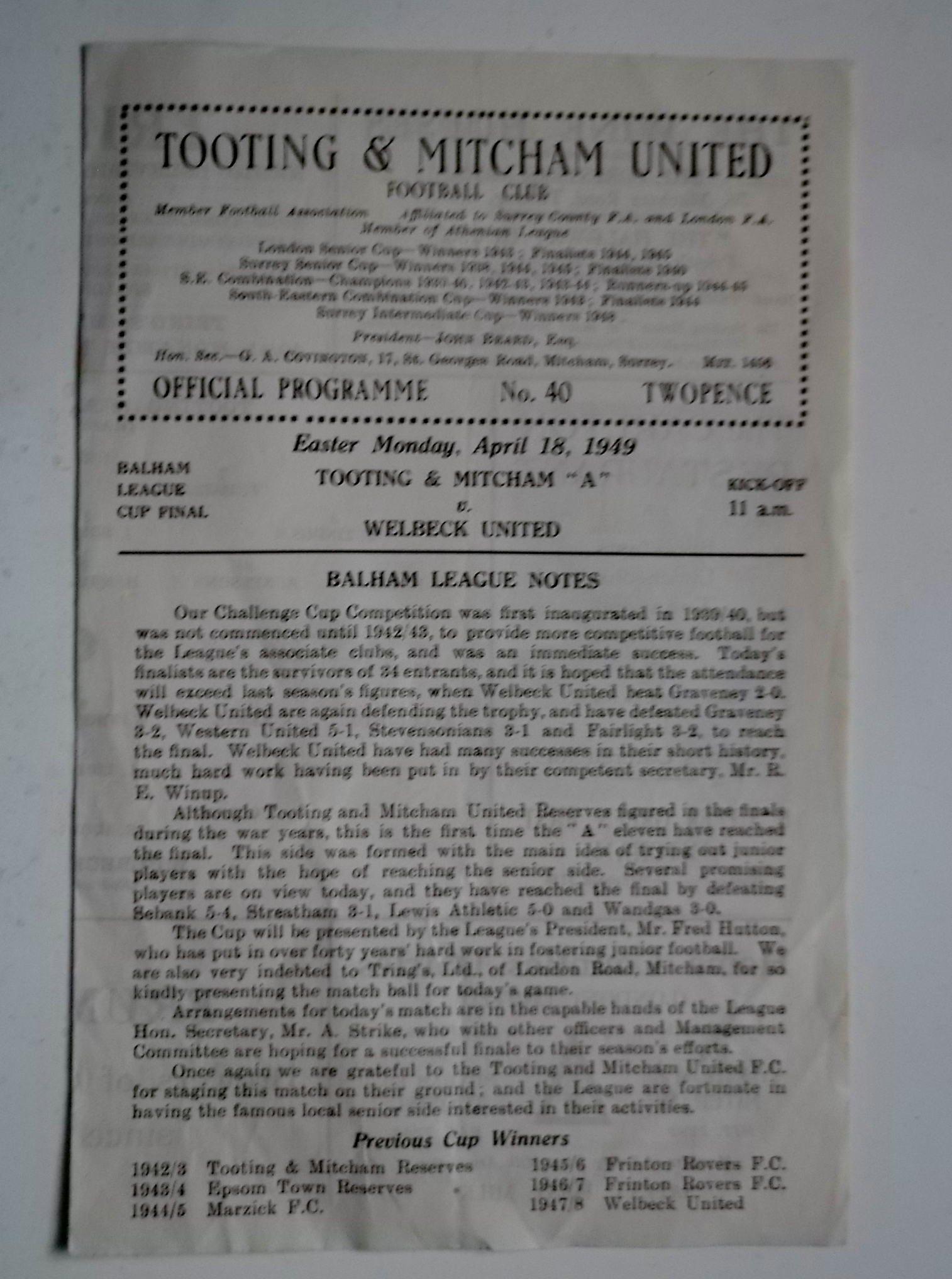1948-49 TOOTING & MITCHAM 'A' V WELBECK UNITED - BALHAM LEAGUE CUP FINAL