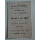 1912 ENGLAND V THE SOUTH TRIAL MATCH AT TOTTENHAM - PLAYERS ITINERARY