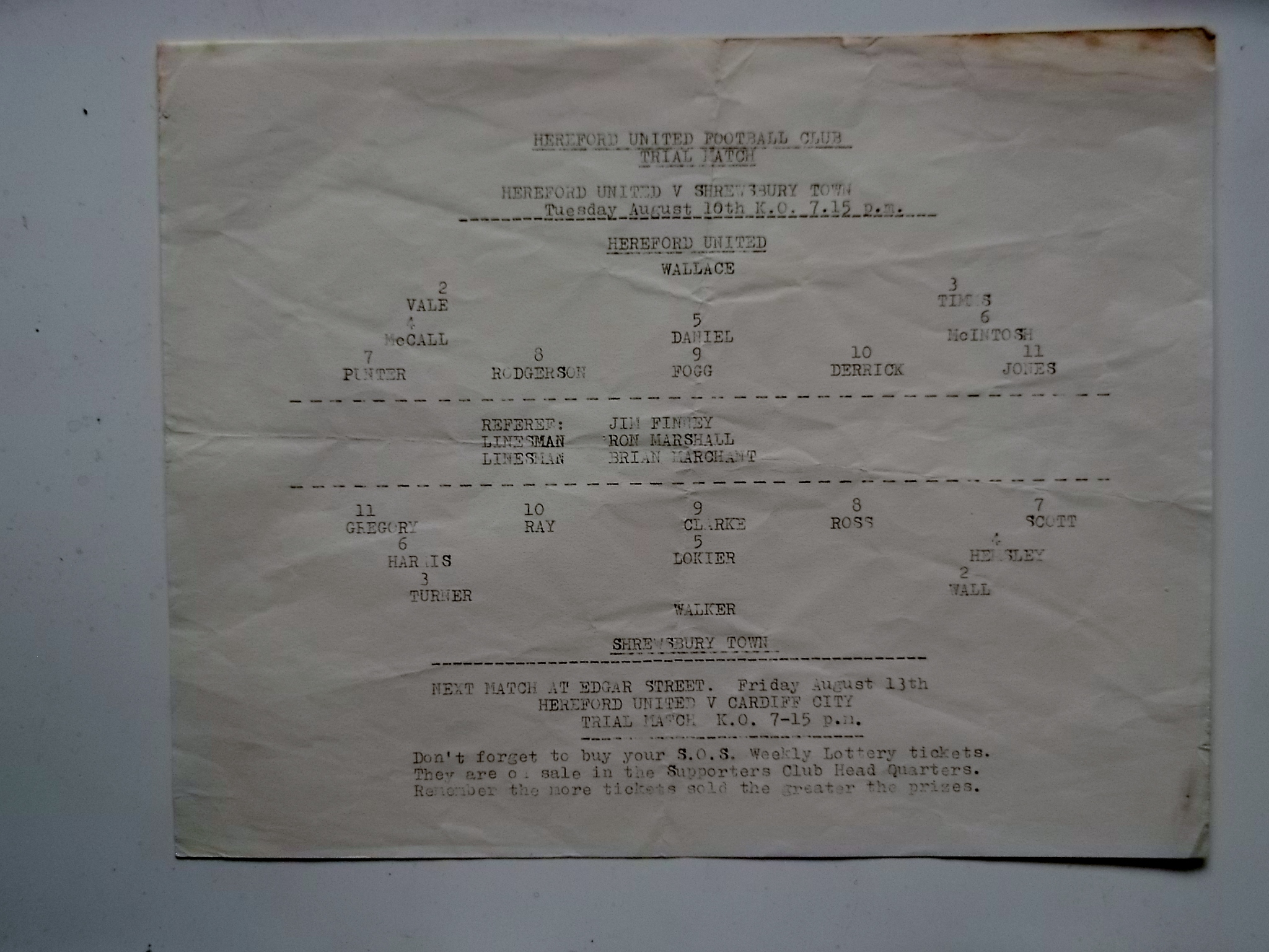 1965-66 HEREFORD UNITED V SHREWSBURY TRIAL MATCH