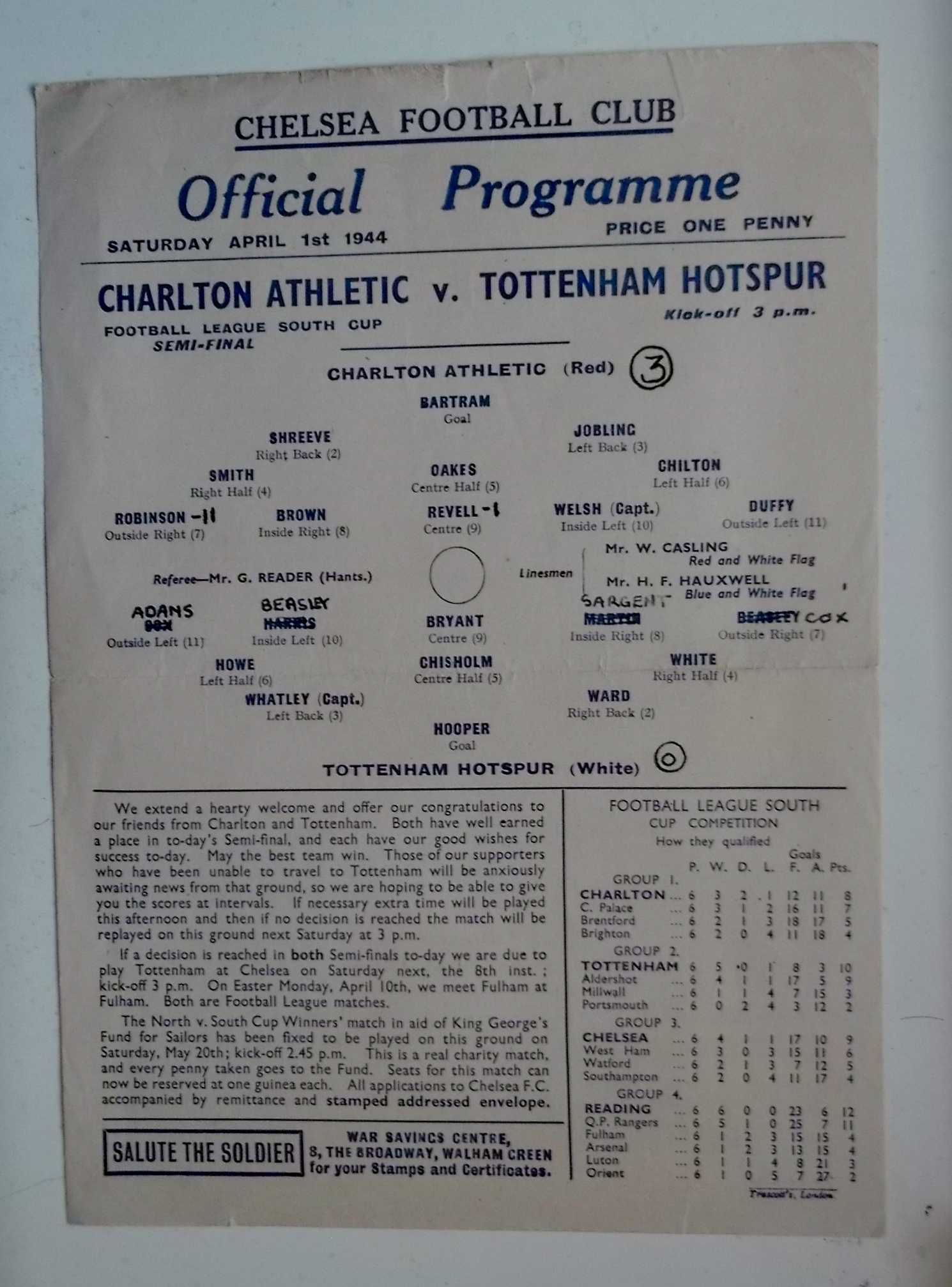 1943-44 TOTTENHAM V CHARLTON - WAR CUP SEMI-FINAL AT CHELSEA