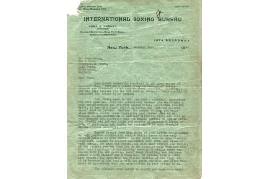 BOXING - TYPED LETTER FROM C.J. HARVEY NEW YORK TO OWEN MORAN BIRMINGHAM UK 1936 - Image 2 of 2