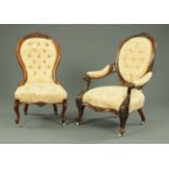 A pair of Victorian walnut ladies and gentleman's chairs, each with exposed showframe,