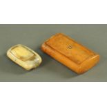 A 19th century burr wood snuff box with tortoiseshell interior and a horn snuff box.