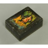 A Russian lacquered box, with red painted interior dated 1972. 10 cm x 7.5 cm.