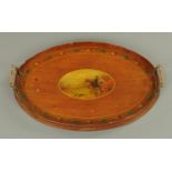 An Edwardian mahogany tray, painted to the centre with a hunting scene and with foliate border.